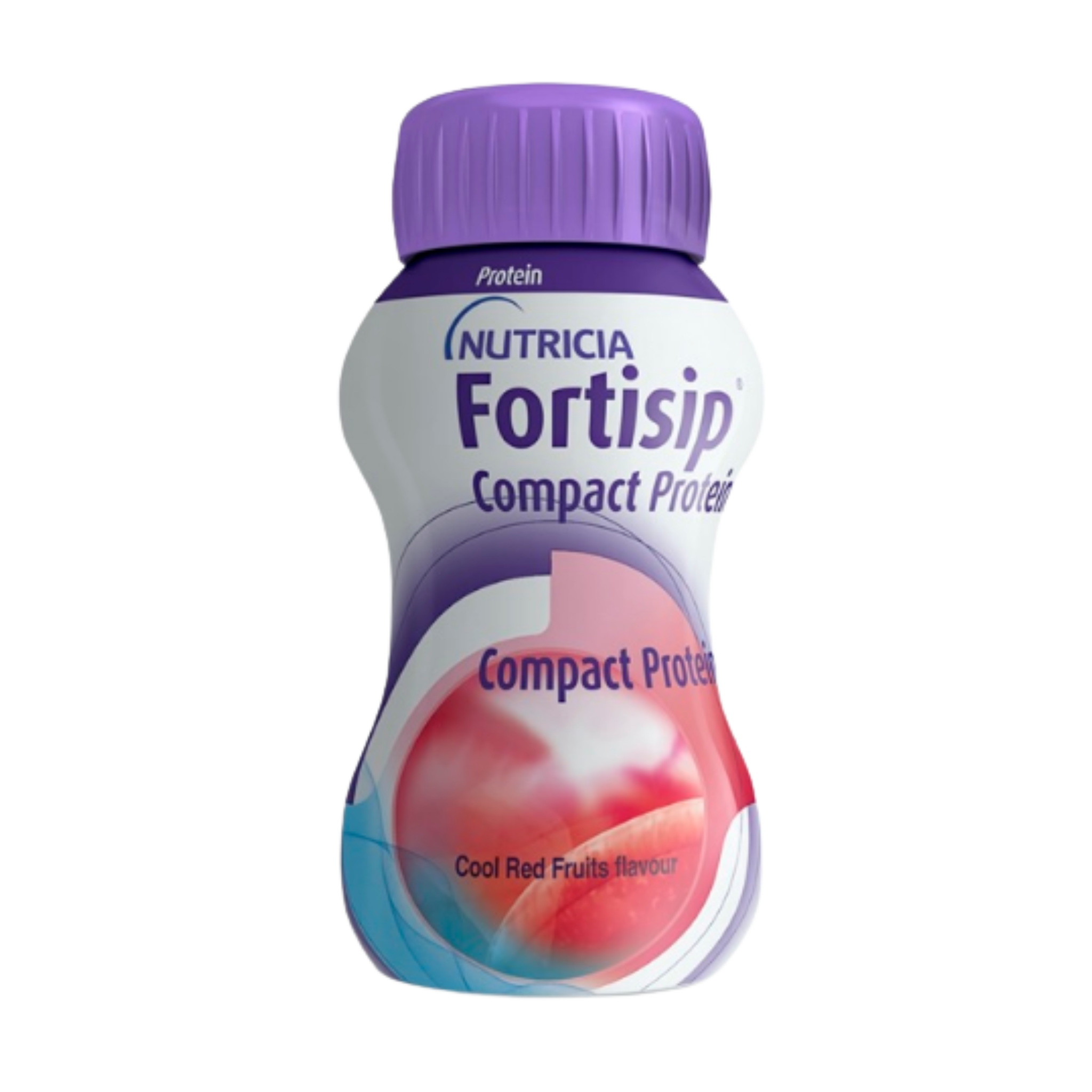 Fortisip Compact Protein bottle with purple cap on a white background