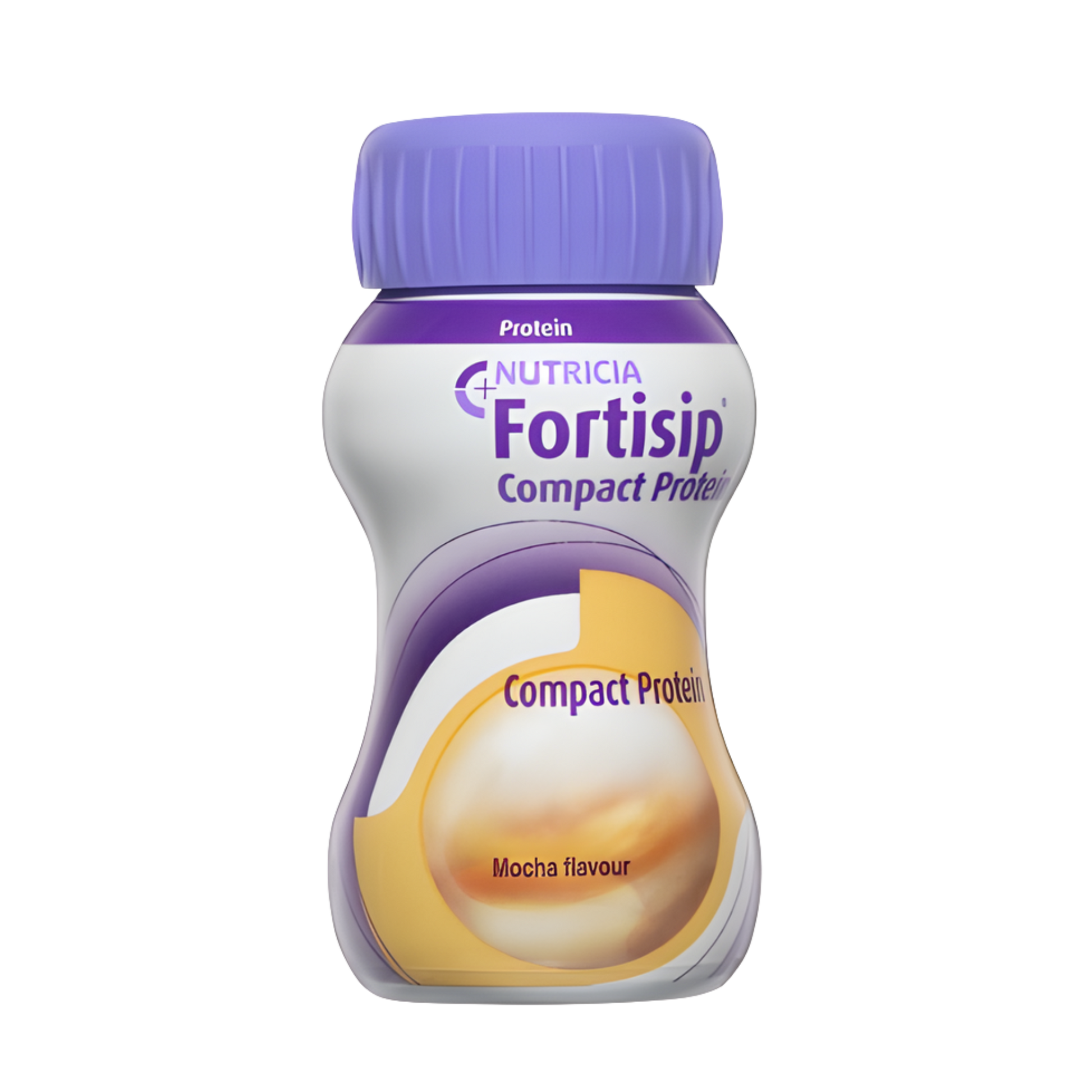 Fortisip Compact Protein bottle with purple cap on a white background