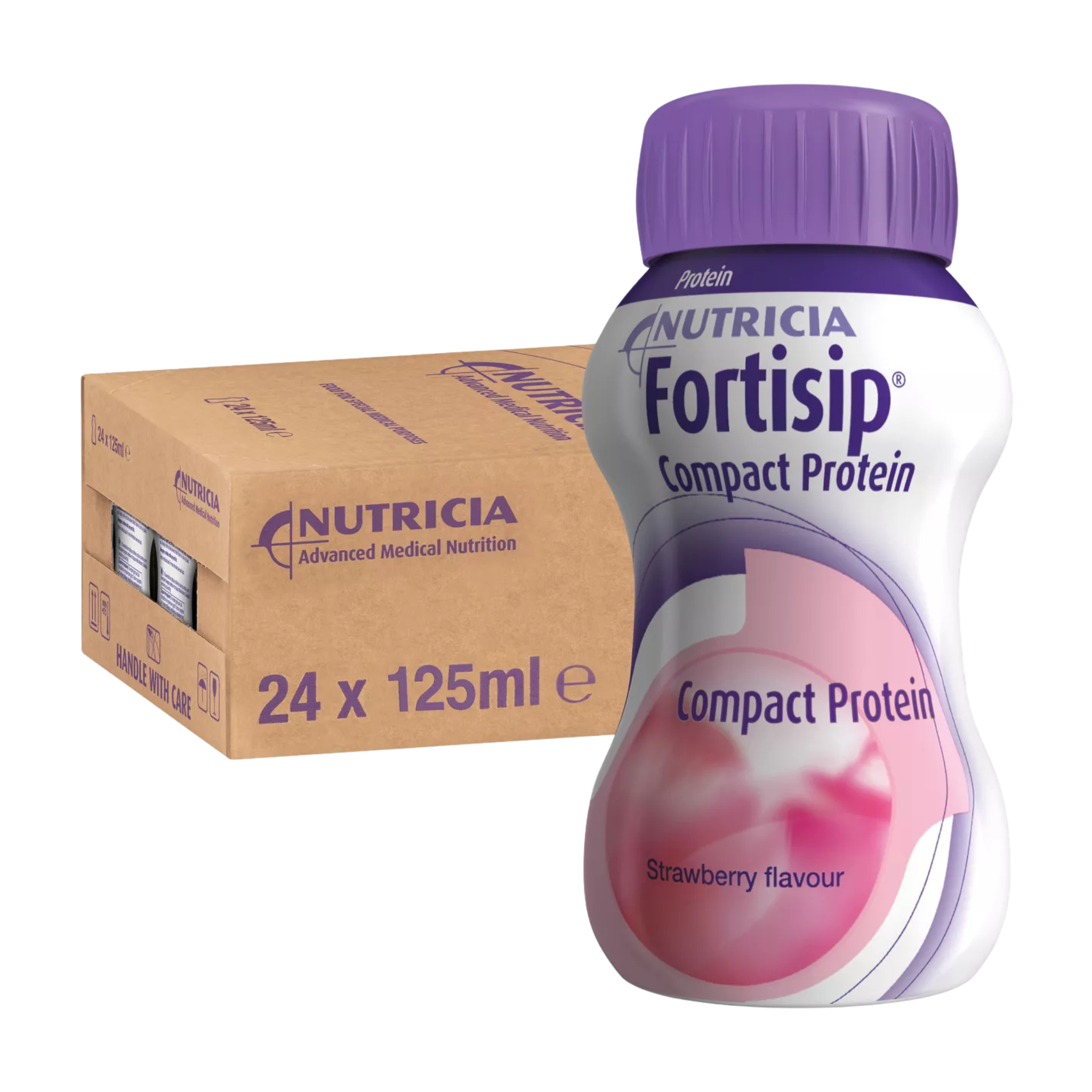 Fortisip Compact Protein bottle with strawberry flavor and Nutricia packaging on a white background