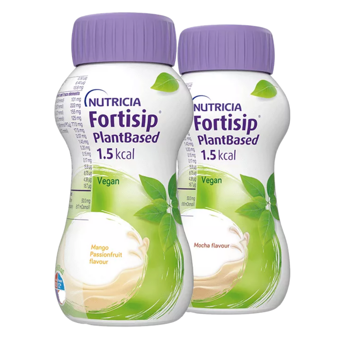 Two bottles of Nutricia Fortisip PlantBased 1.5 kcal 200ml oral nutritional supplement in Mango Passionfruit and Mocha flavors on a transparent background.