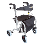 Freedom Hybrid Transroller in silver, a dual‑purpose seat walker and transit wheelchair offering stable support, comfort, and flexibility for daily mobility needs.