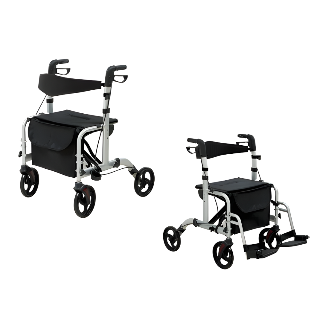 Freedom Hybrid Transroller in silver, a dual‑purpose seat walker and transit wheelchair offering stable support, comfort, and flexibility for daily mobility needs.