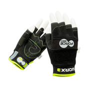 Force360 Original Mechanics Fingerless Gloves (WORX3) in black with high-visibility yellow accents on a transparent background.