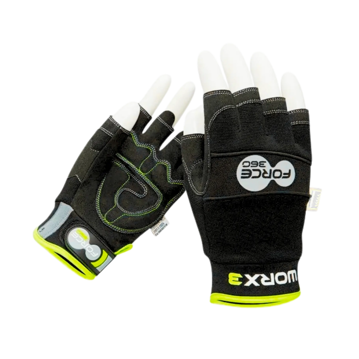 Force360 Original Mechanics Fingerless Gloves (WORX3) in black with high-visibility yellow accents on a transparent background.
