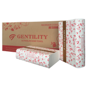 Gentility Ultraslim Interleaved Hand Towel pack with 150 soft, absorbent sheets for hygienic and efficient hand drying in commercial settings.