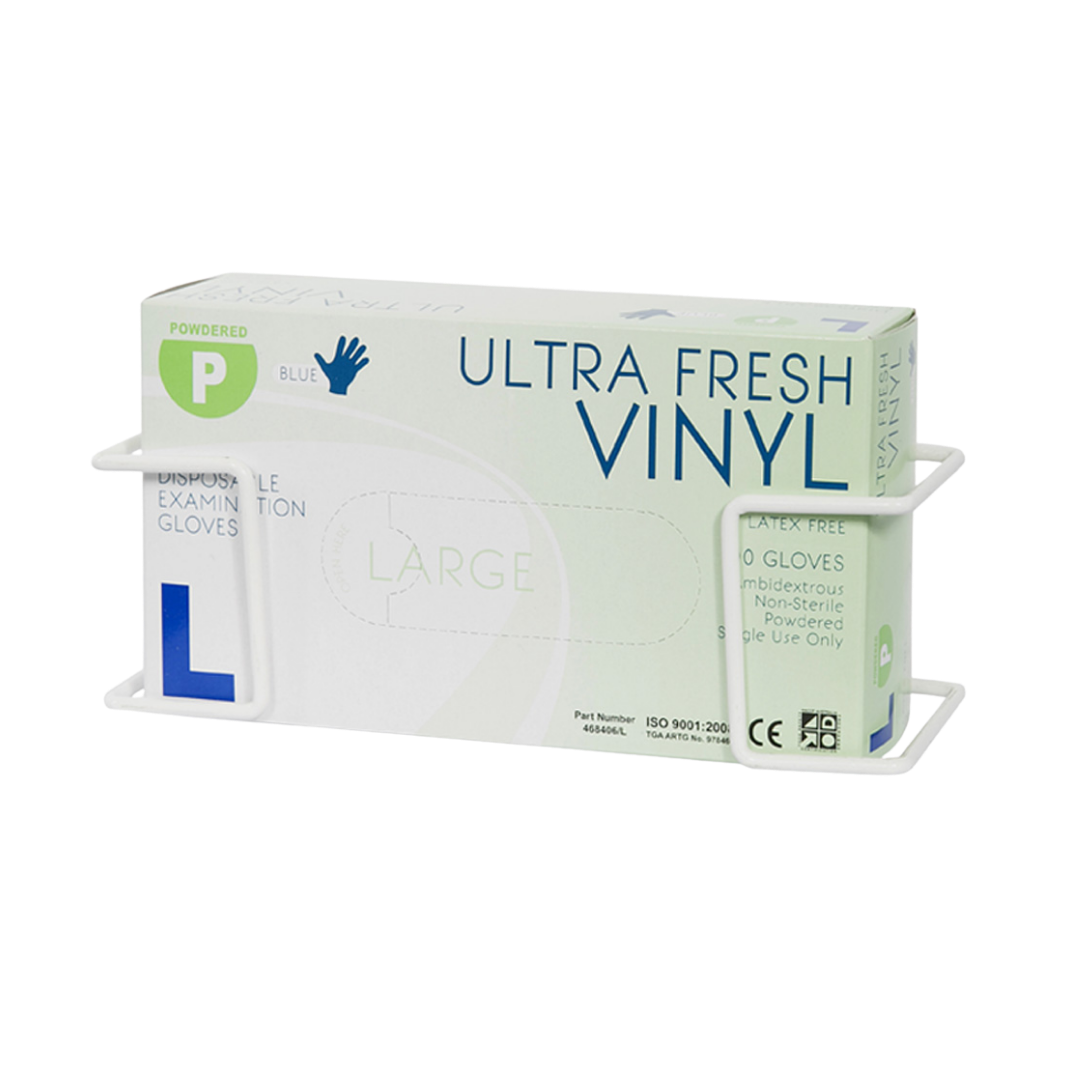Single-tier glove dispenser for disposable glove boxes.