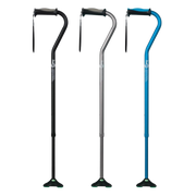Product lineup of three HUGO Offset Canes with Quad Pod self-standing mobility aids, featuring offset handles, wrist straps, and quad bases, presented side-by-side in Ebony, Smoke, and Aquamarine color variants on a transparent background.