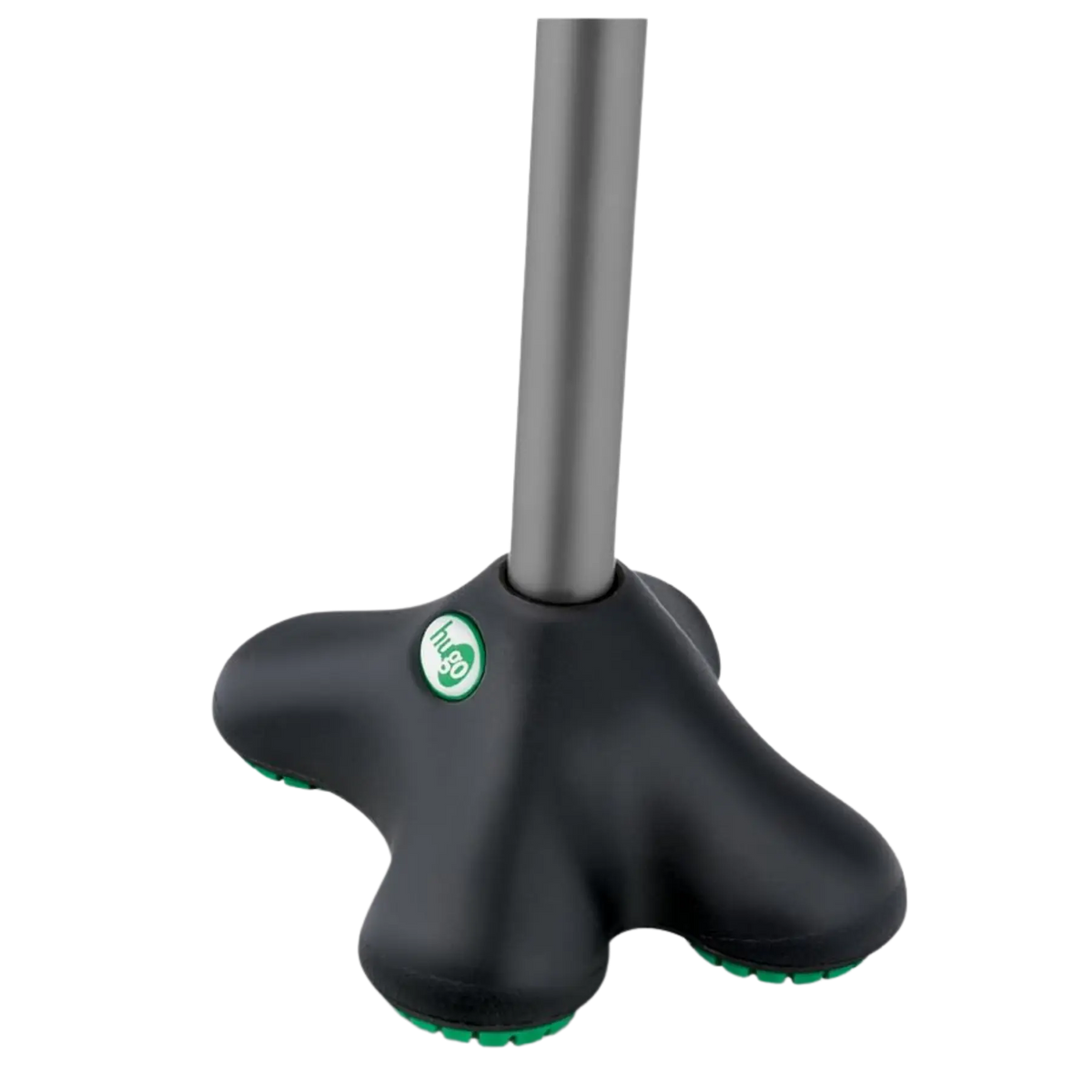 Detailed product view of the patented HUGO QuadPod® four-point stability base for offset walking canes, featuring a black molded design, green rubber traction feet, and the Hugo branding logo on a transparent background.