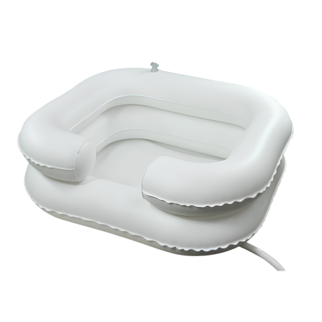 Inflatable shampoo basin with supportive neck rest, lightweight portable design, ideal for assisted hair washing, home care, and comfortable hygiene routines.