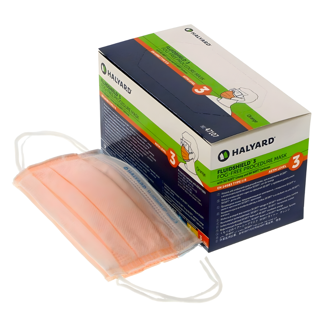 Level 3 Halyard Fluidshield anti fog surgical face mask with earloops shown in close detail, highlighting protective design and comfortable fit for clinical use.