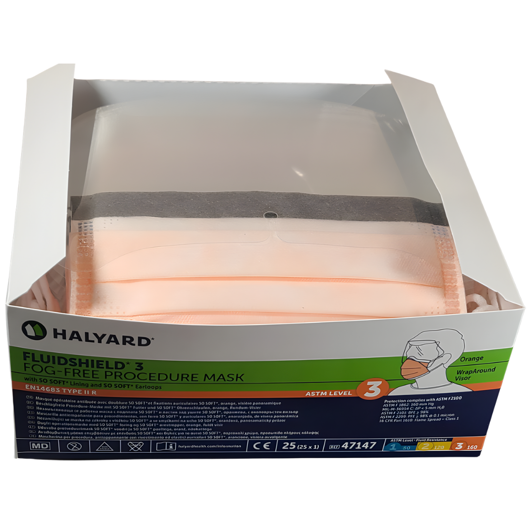 Level 3 Halyard Fluidshield anti fog surgical face mask with earloops shown in close detail, highlighting protective design and comfortable fit for clinical use.
