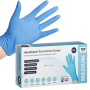 Handicare Blue Nitrile Disposable Gloves provide durable, latex-free protection with textured fingertips, available in sizes from extra small to 2XL.
