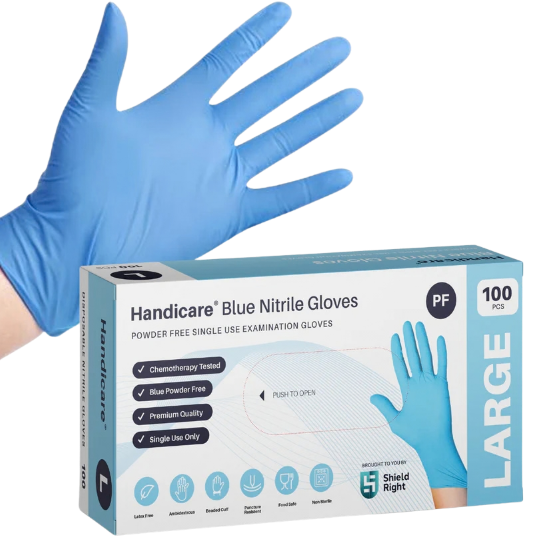 Handicare Blue Nitrile Disposable Gloves provide durable, latex-free protection with textured fingertips, available in sizes from extra small to 2XL.