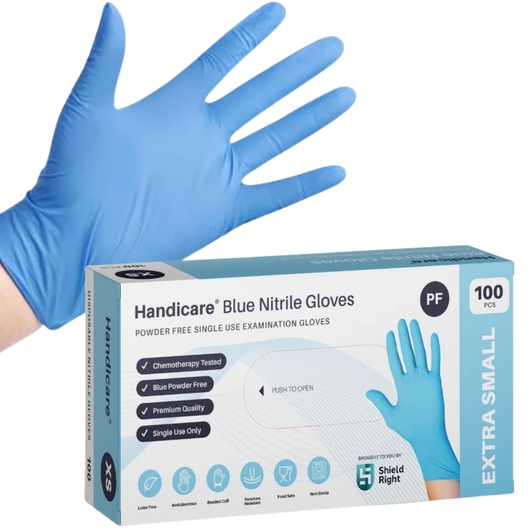 Handicare Blue Nitrile Disposable Gloves provide durable, latex-free protection with textured fingertips, available in sizes from extra small to 2XL.