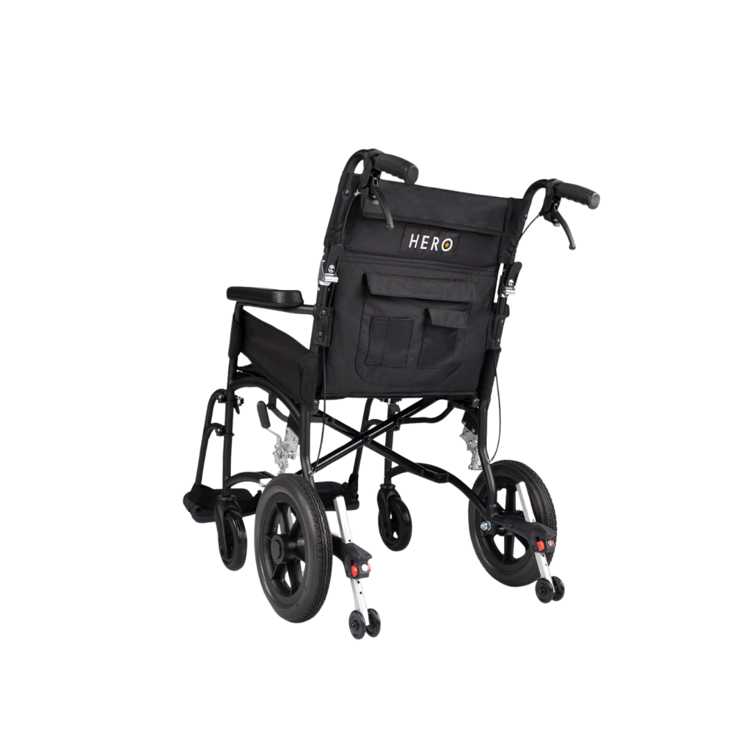 Hero Medical Comfy Lite Transit Wheelchair – lightweight foldable transit wheelchair with swing-away footrests and padded seating