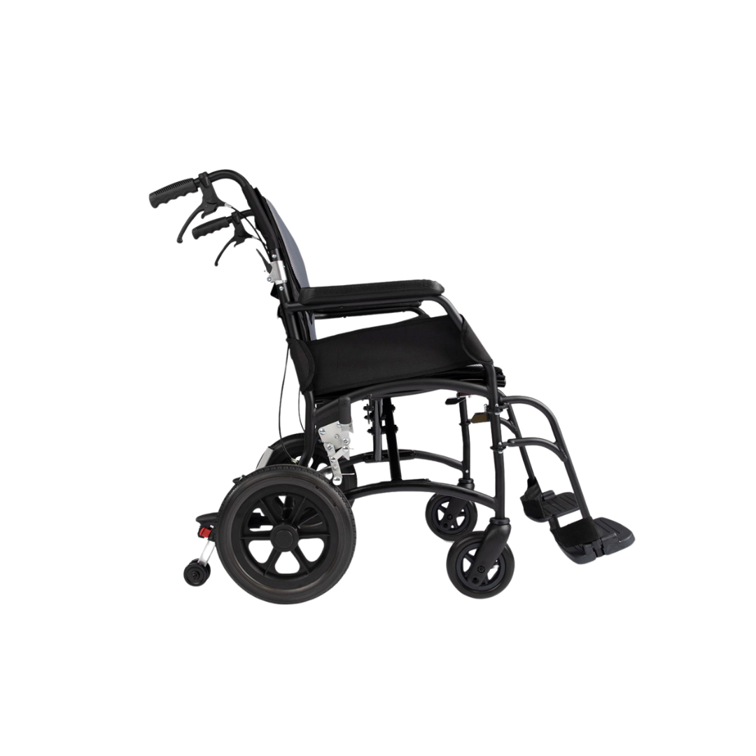 Hero Medical Comfy Lite Transit Wheelchair – lightweight foldable transit wheelchair with swing-away footrests and padded seating