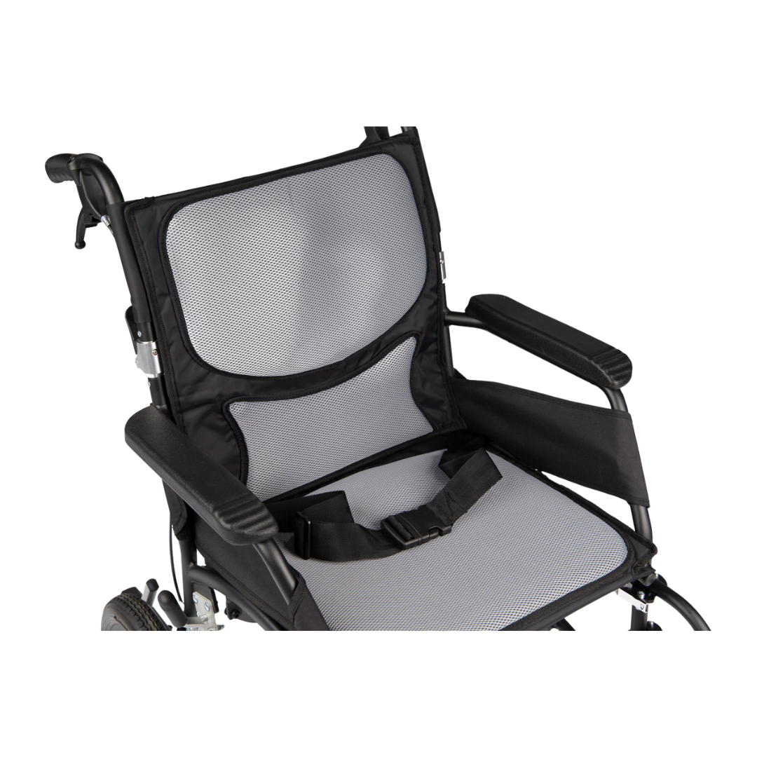 Hero Medical Comfy Lite Transit Wheelchair – lightweight foldable transit wheelchair with swing-away footrests and padded seating