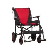 A lightweight folding wheelchair with a black frame and red padded seat and backrest, shown from a three-quarter angle on a plain white background.