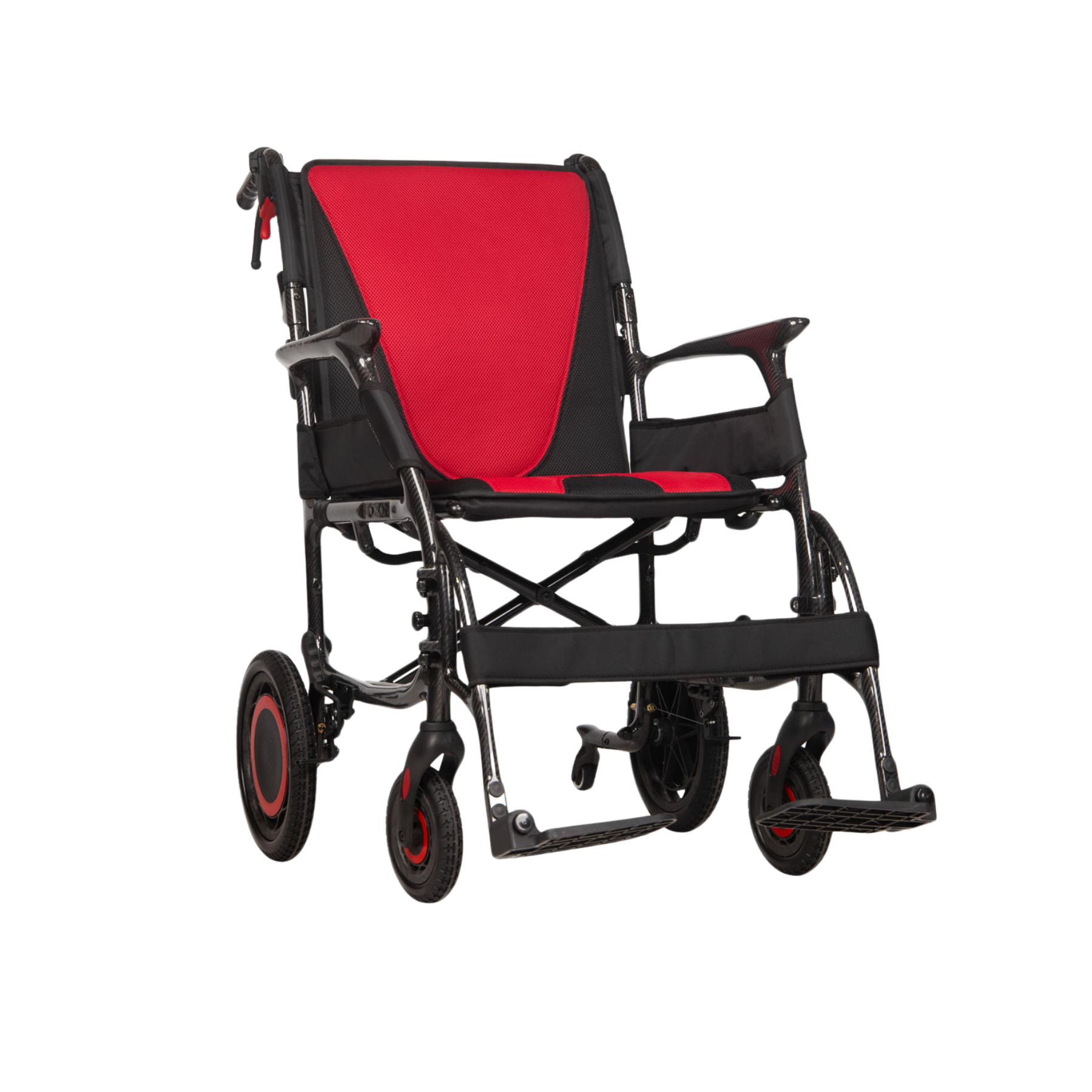 A lightweight folding wheelchair with a black frame and red padded seat and backrest, shown from a three-quarter angle on a plain white background.