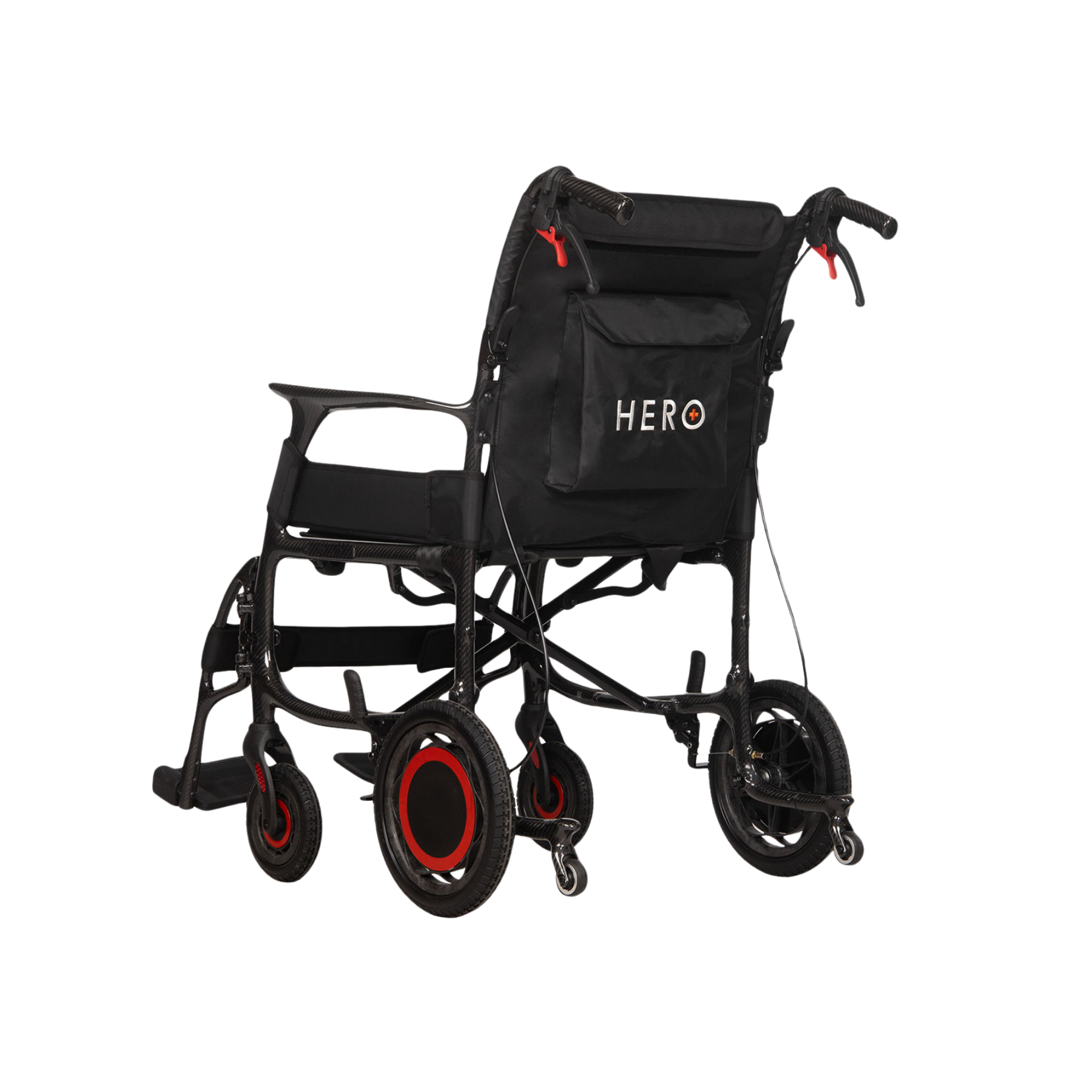 A black lightweight folding wheelchair with red wheel accents and a black storage pouch on the back featuring the white 'HERO' logo, shown against a plain white background.
