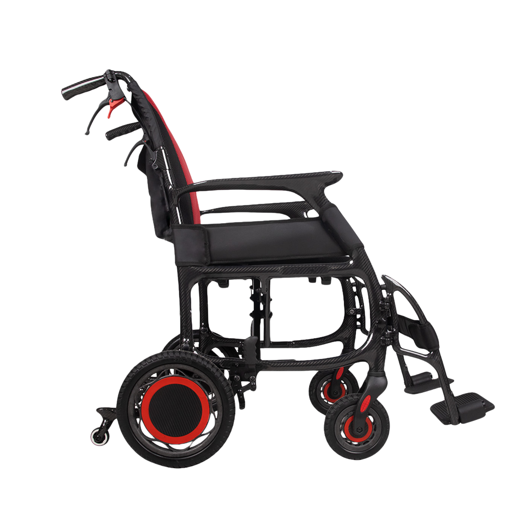 A black manual wheelchair with red accents on the seat backrest, wheel rims, and wheel hub covers, shown from a side profile view against a solid white background.