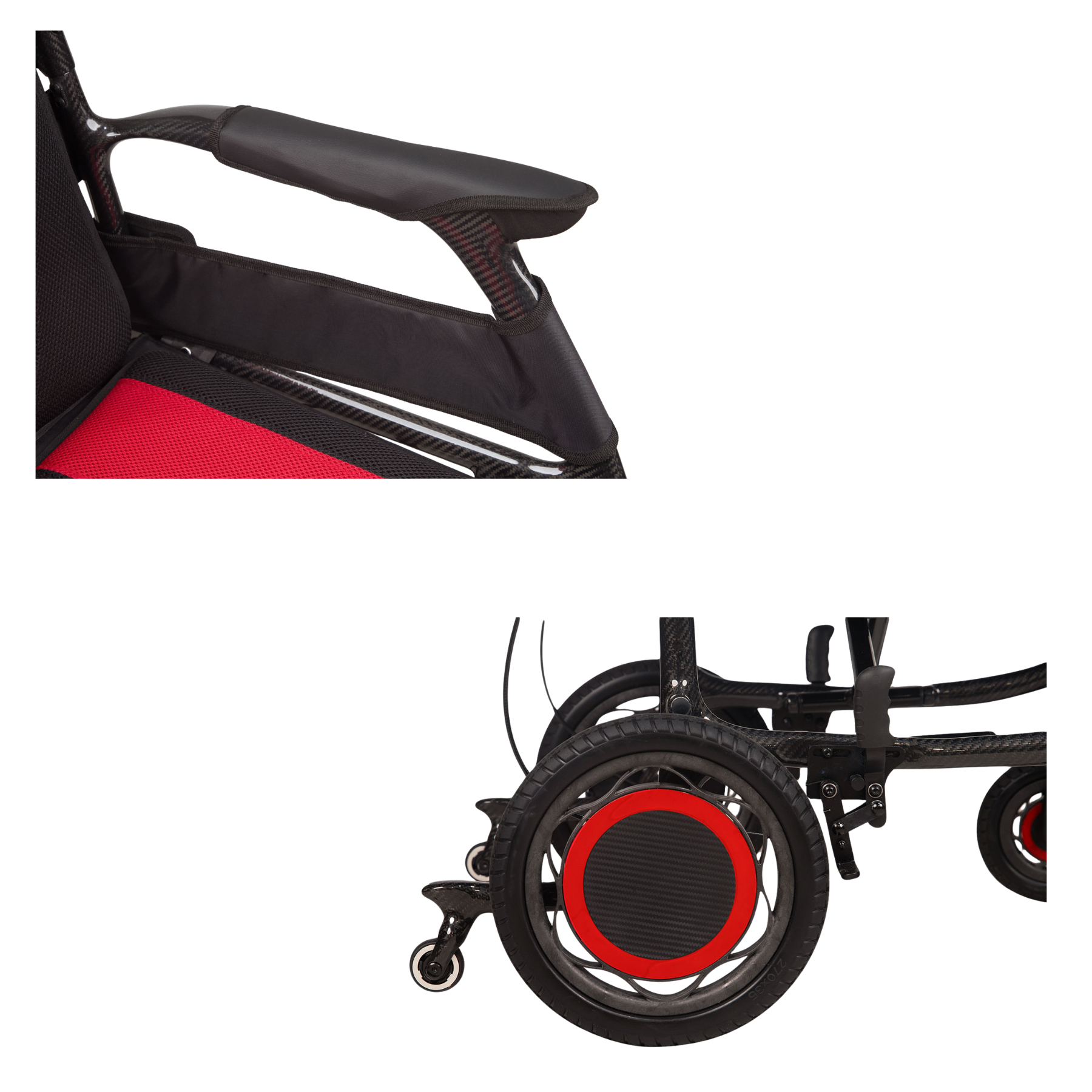 Close-up product details of a black wheelchair with red accents, showing the armrest and backrest in the top view and the rear wheel area in the bottom view on a white background.