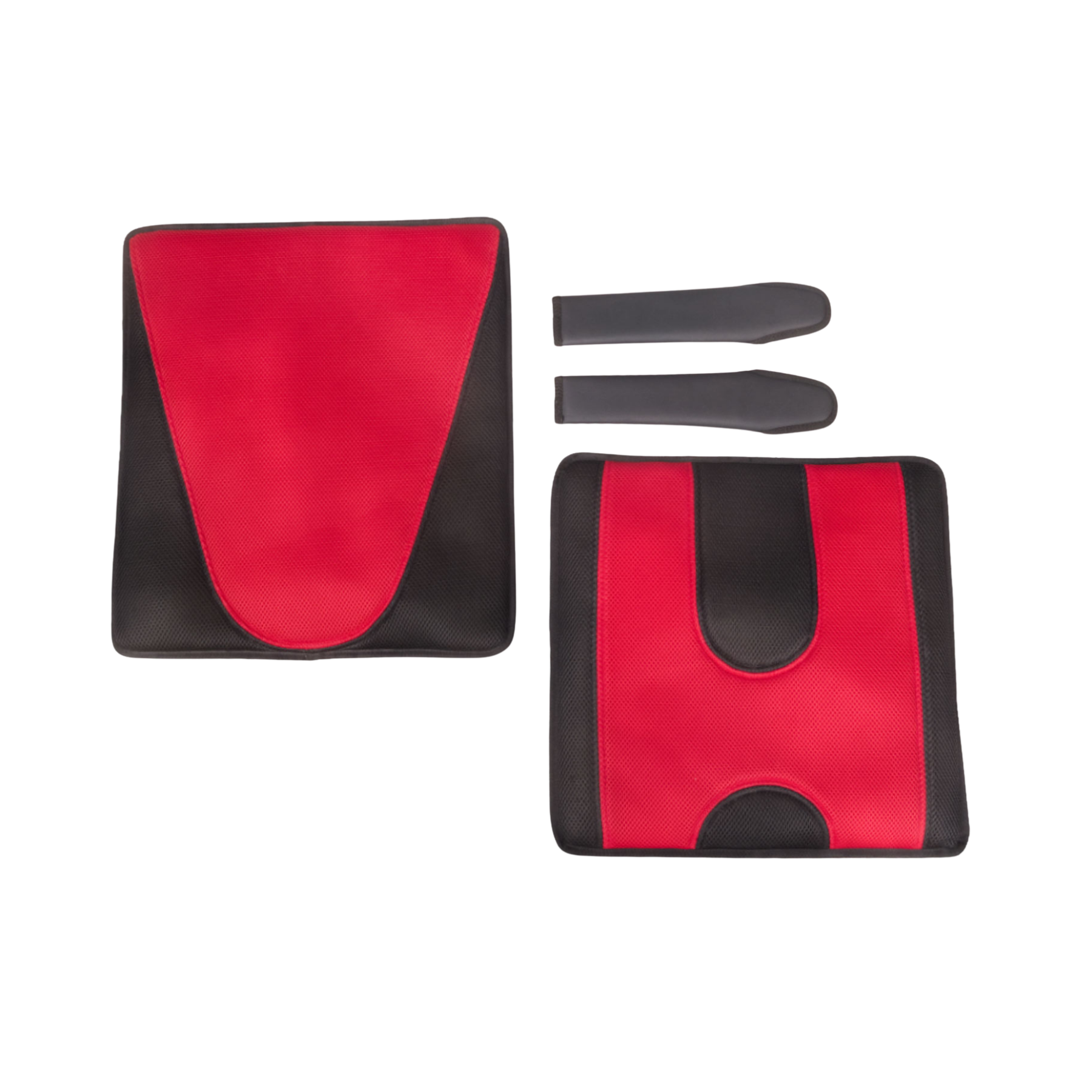 A set of three red and black car seat bolster pads or inserts, including two rectangular pieces with curved red sections and two slim black strap-like pieces, shown on a plain white background.