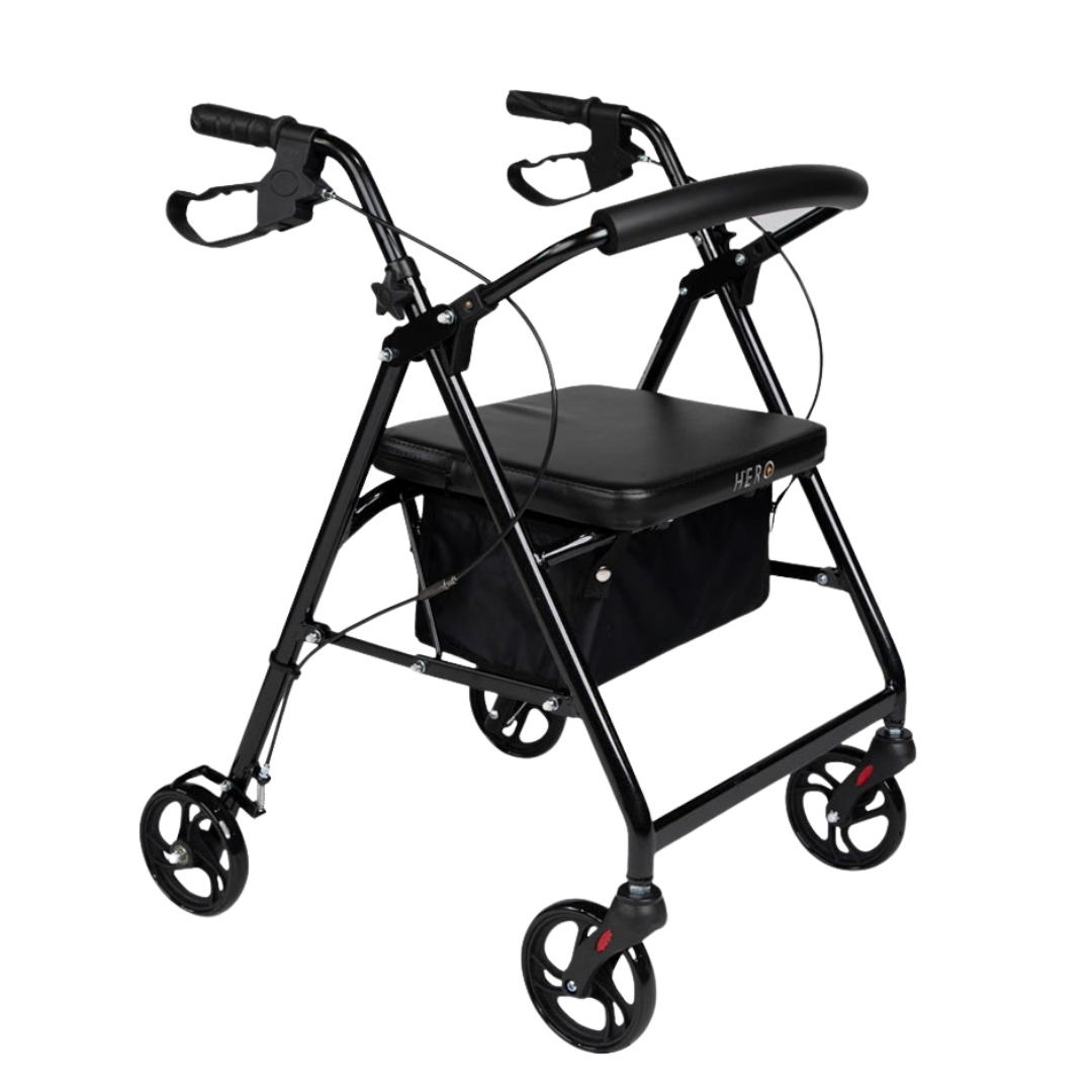 Hero Medical 4-Wheeled Mobility Walker available in black, blue, burgundy, champagne gold, and purple for safe mobility.