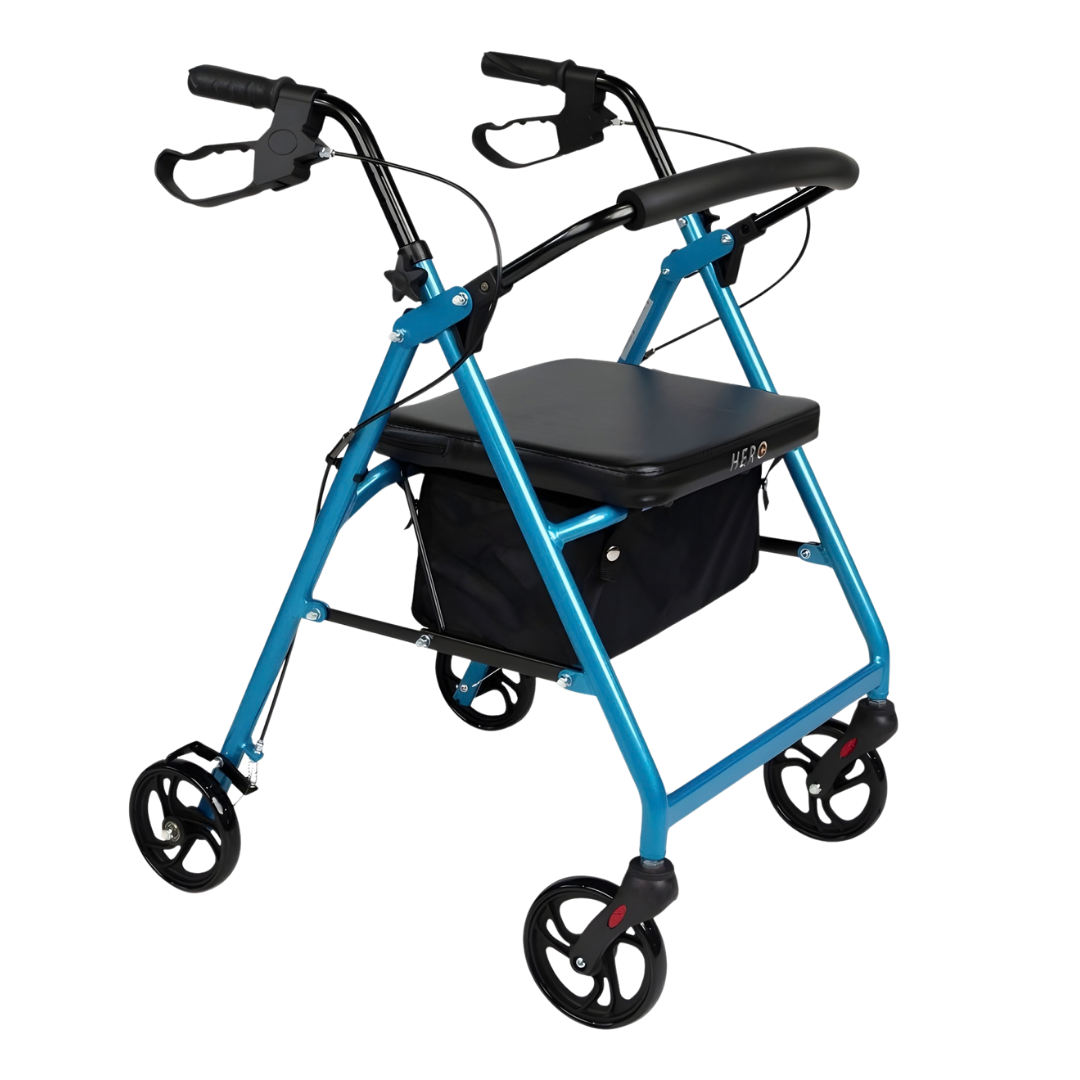 Hero Medical 4-Wheeled Mobility Walker available in black, blue, burgundy, champagne gold, and purple for safe mobility.