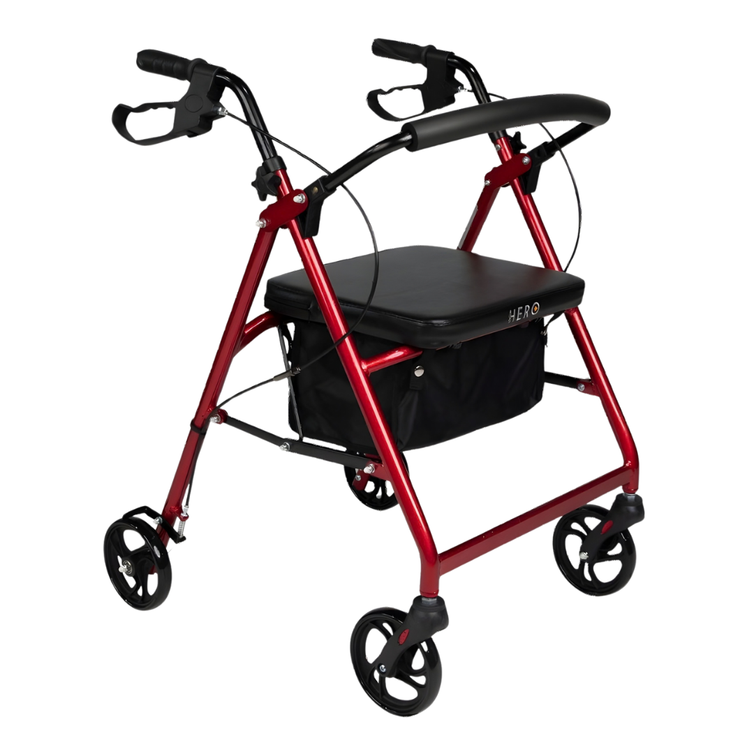 Hero Medical 4-Wheeled Mobility Walker available in black, blue, burgundy, champagne gold, and purple for safe mobility.