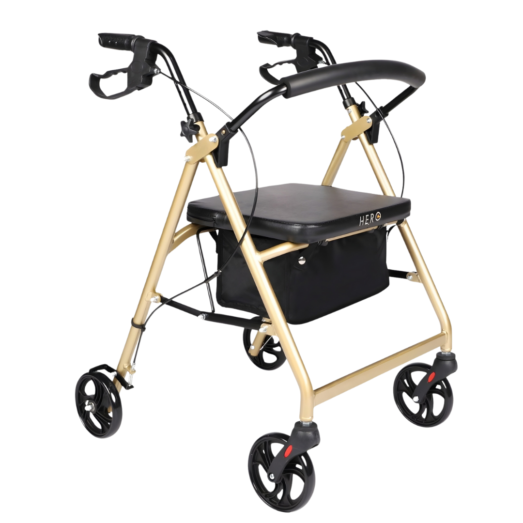 Hero Medical 4-Wheeled Mobility Walker available in black, blue, burgundy, champagne gold, and purple for safe mobility.