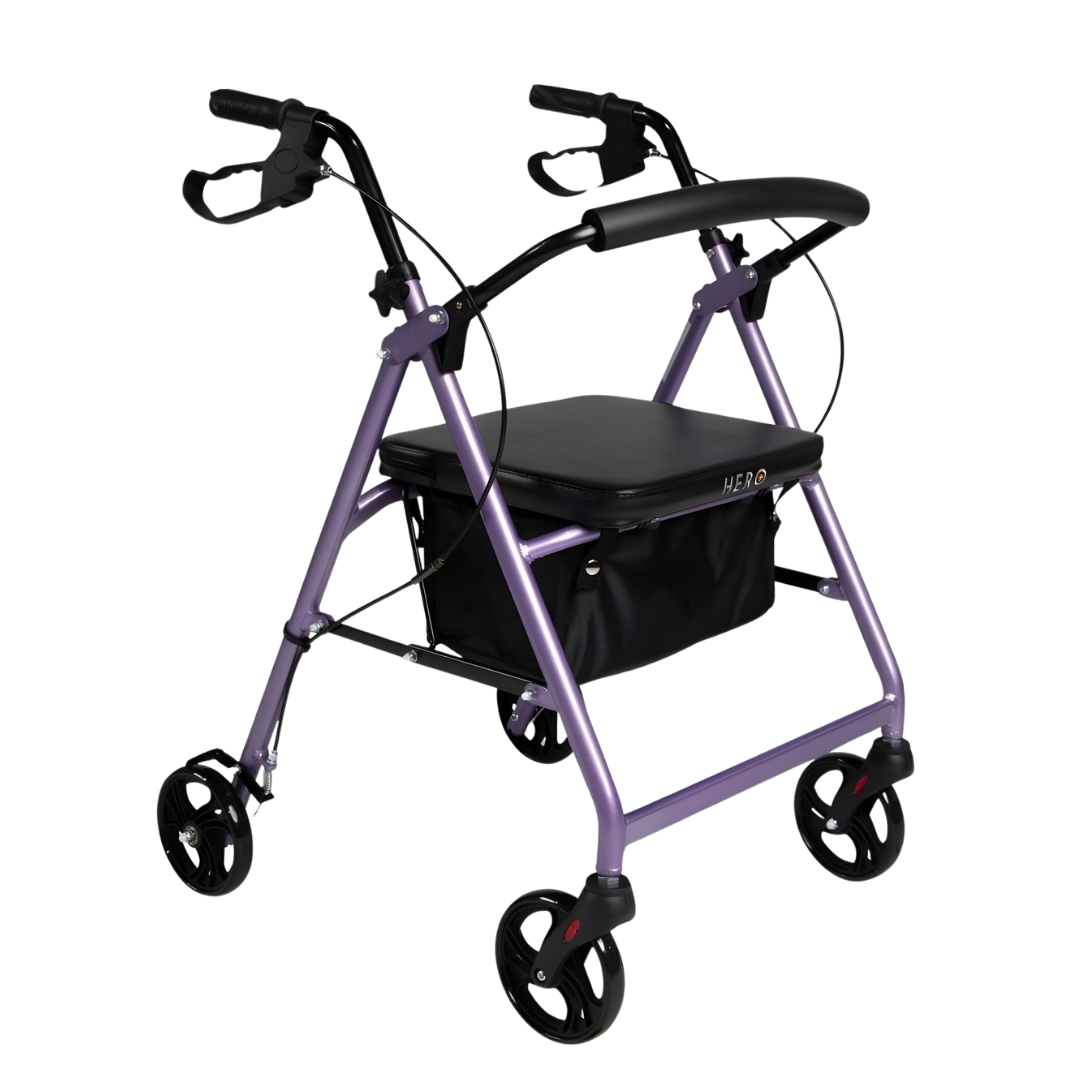 Hero Medical 4-Wheeled Mobility Walker available in black, blue, burgundy, champagne gold, and purple for safe mobility.