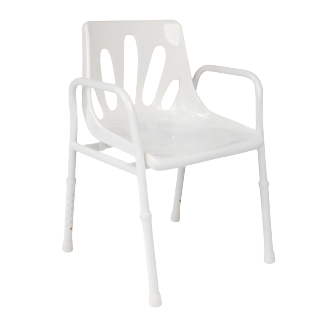 Hero Medical collapsible portable folding shower chair, rust‑free aluminium frame, lightweight design, easy storage, supports safe bathing and independence.