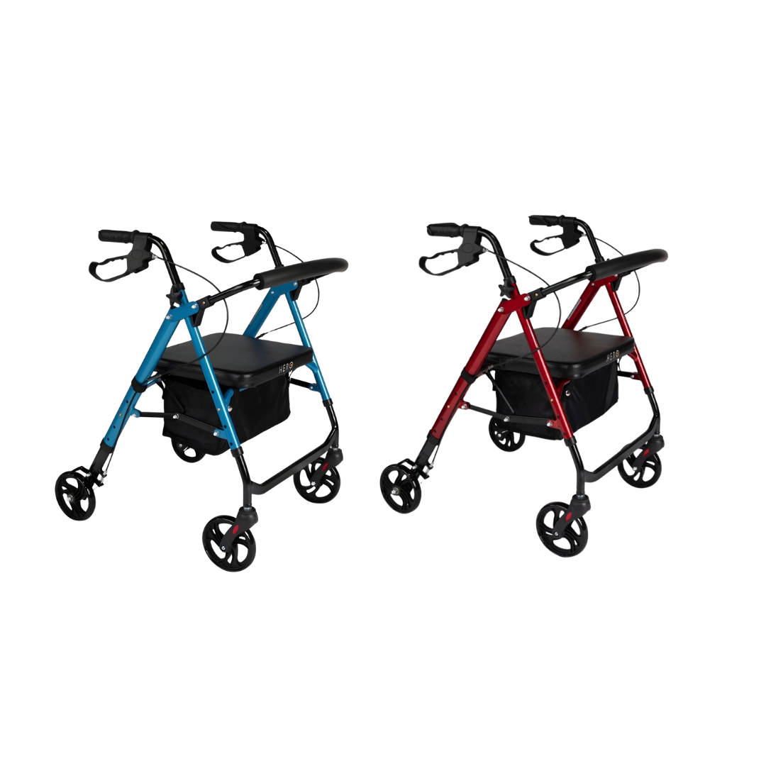 Hero Medical Deluxe Seat Walker with adjustable height, available in blue and burgundy, foldable frame with padded seat.