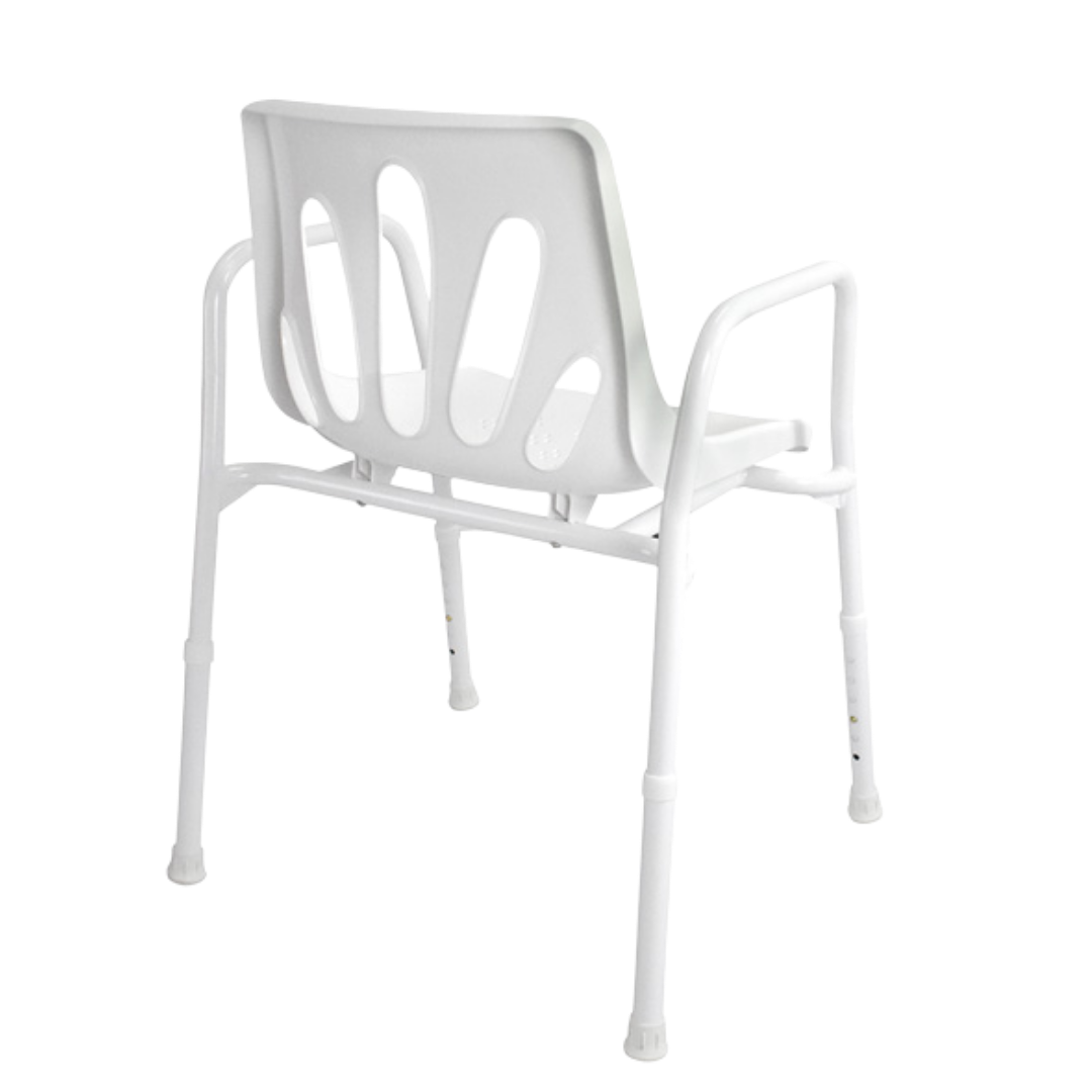 Hero Medical extra wide shower chair with rust‑free aluminium frame, broad seat for bariatric support, stable lightweight design, promotes safe independent bathing.