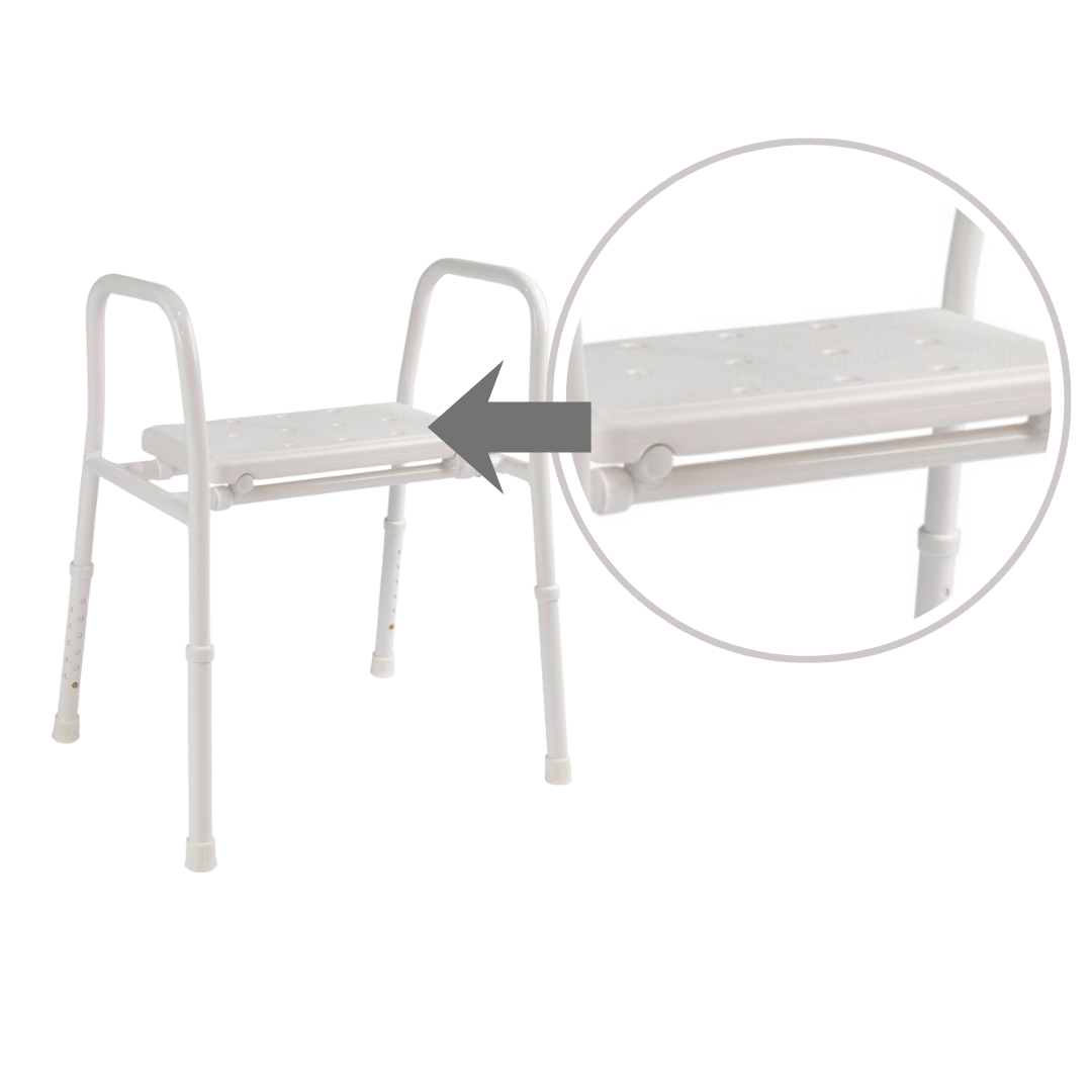 Hero Medical folding portable shower stool with rust‑free aluminium frame, lightweight collapsible design, stable support, and safe aid for independent bathing.