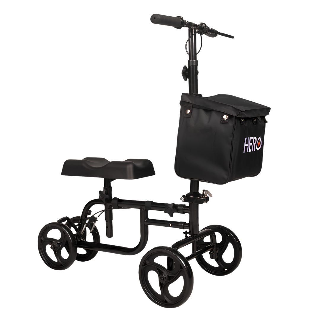 Hero Medical lightweight knee walker, compact rust‑free frame, padded knee rest, ergonomic handles, stable design for safe mobility during leg injury recovery.
