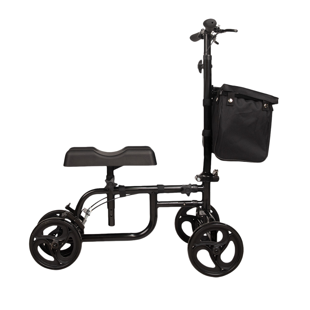 Hero Medical lightweight knee walker, compact rust‑free frame, padded knee rest, ergonomic handles, stable design for safe mobility during leg injury recovery.