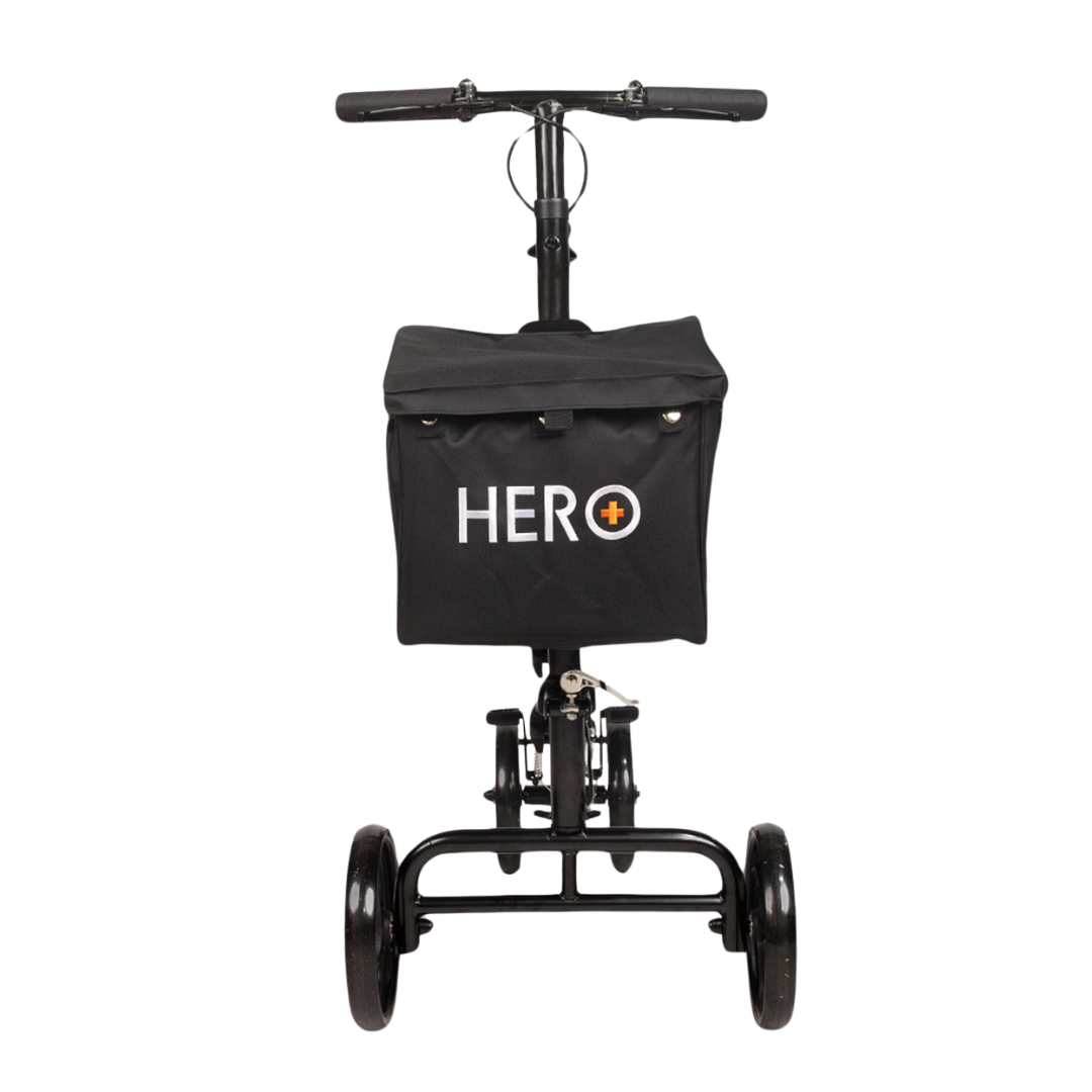 Hero Medical lightweight knee walker, compact rust‑free frame, padded knee rest, ergonomic handles, stable design for safe mobility during leg injury recovery.