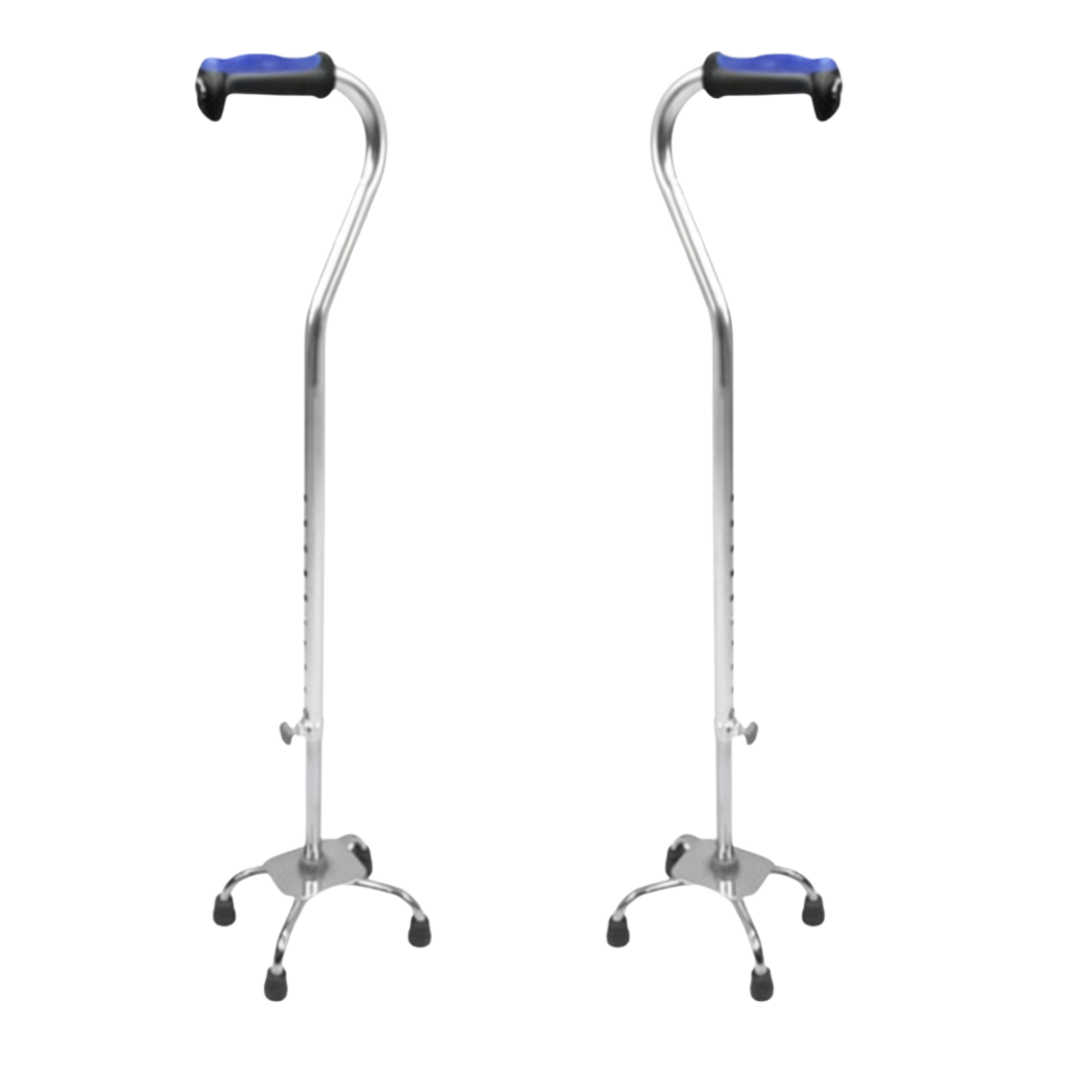 Hero Medical Quad Cane with small base, lightweight rust‑free frame, ergonomic handle, stable four‑point support, and safe aid for independent mobility.