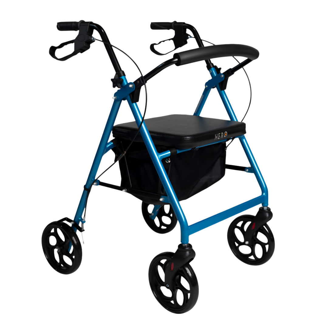 Hero Medical Quad Seat Walker with 8″ wheels, sturdy frame, padded seat, ergonomic handles, and stable design for safe mobility and independence.