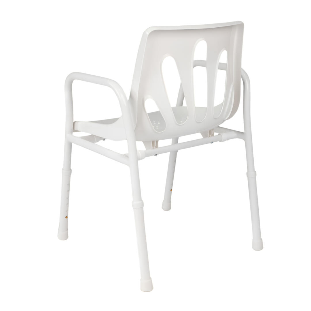 Hero Medical shower chair with rust‑free aluminium frame, lightweight design, stable support for safe bathing, promotes independence and bathroom safety.