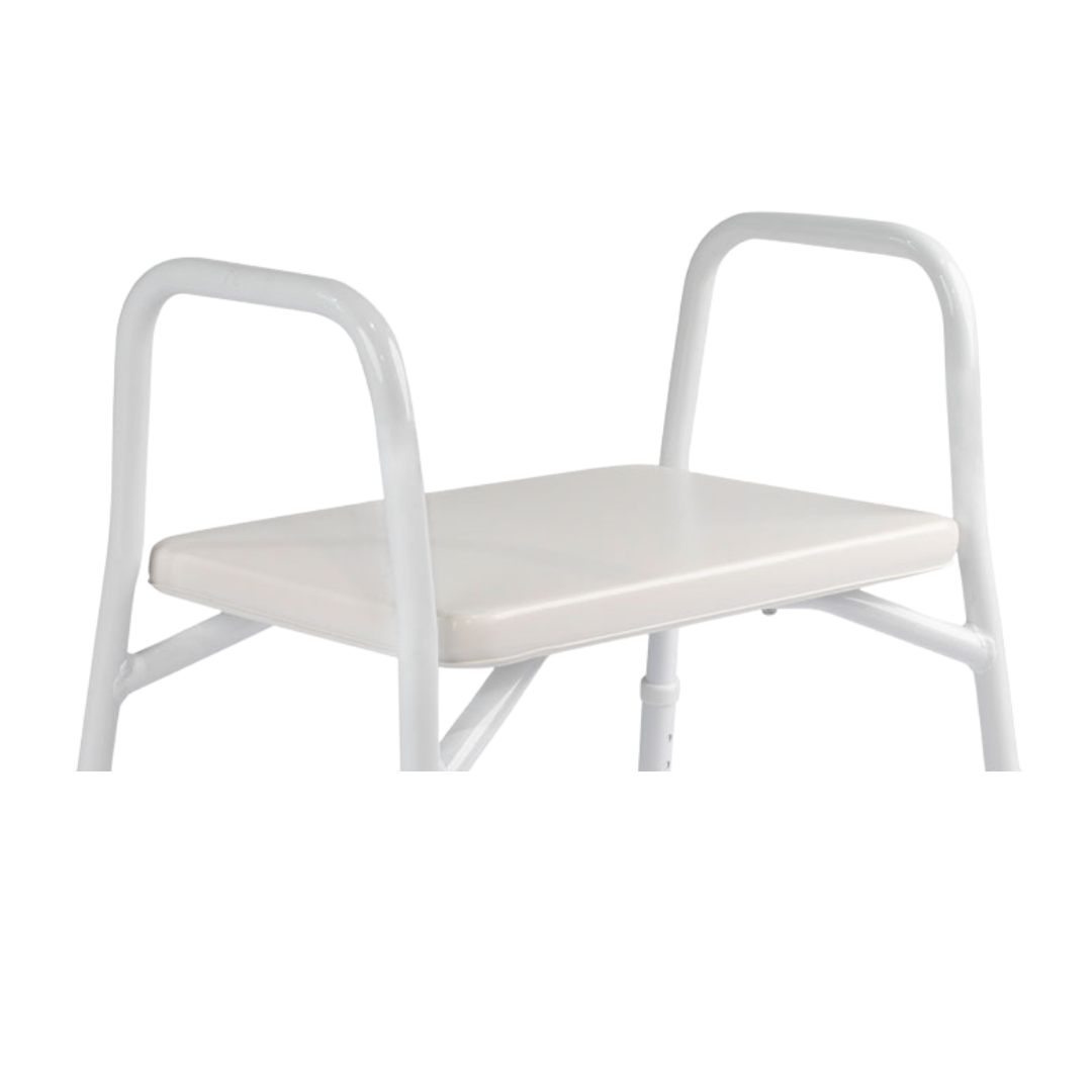 Hero Medical Shower Stool, extra wide padded seat with rust‑free aluminium frame, stable design, bariatric support, and safe comfort for independent bathing.