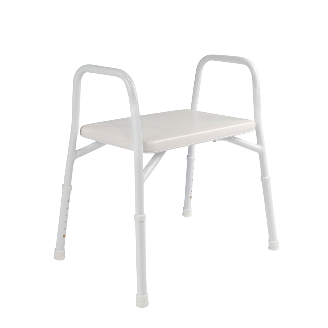 Hero Medical Shower Stool, extra wide padded seat with rust‑free aluminium frame, stable design, bariatric support, and safe comfort for independent bathing.