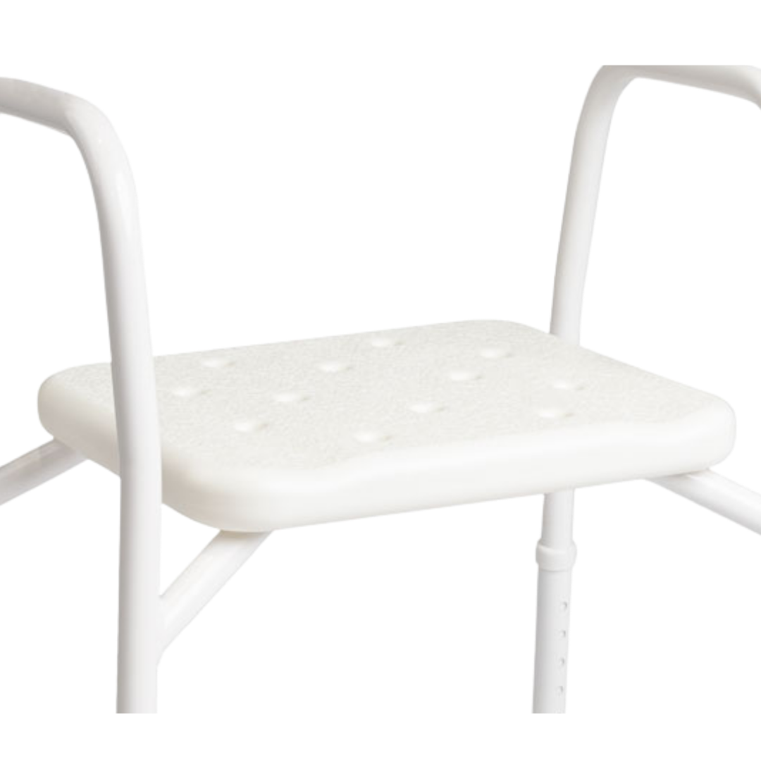 Hero Medical shower stool with rust‑free aluminium frame, non‑padded seat, lightweight stable design, supports safe bathing and independence in the bathroom.