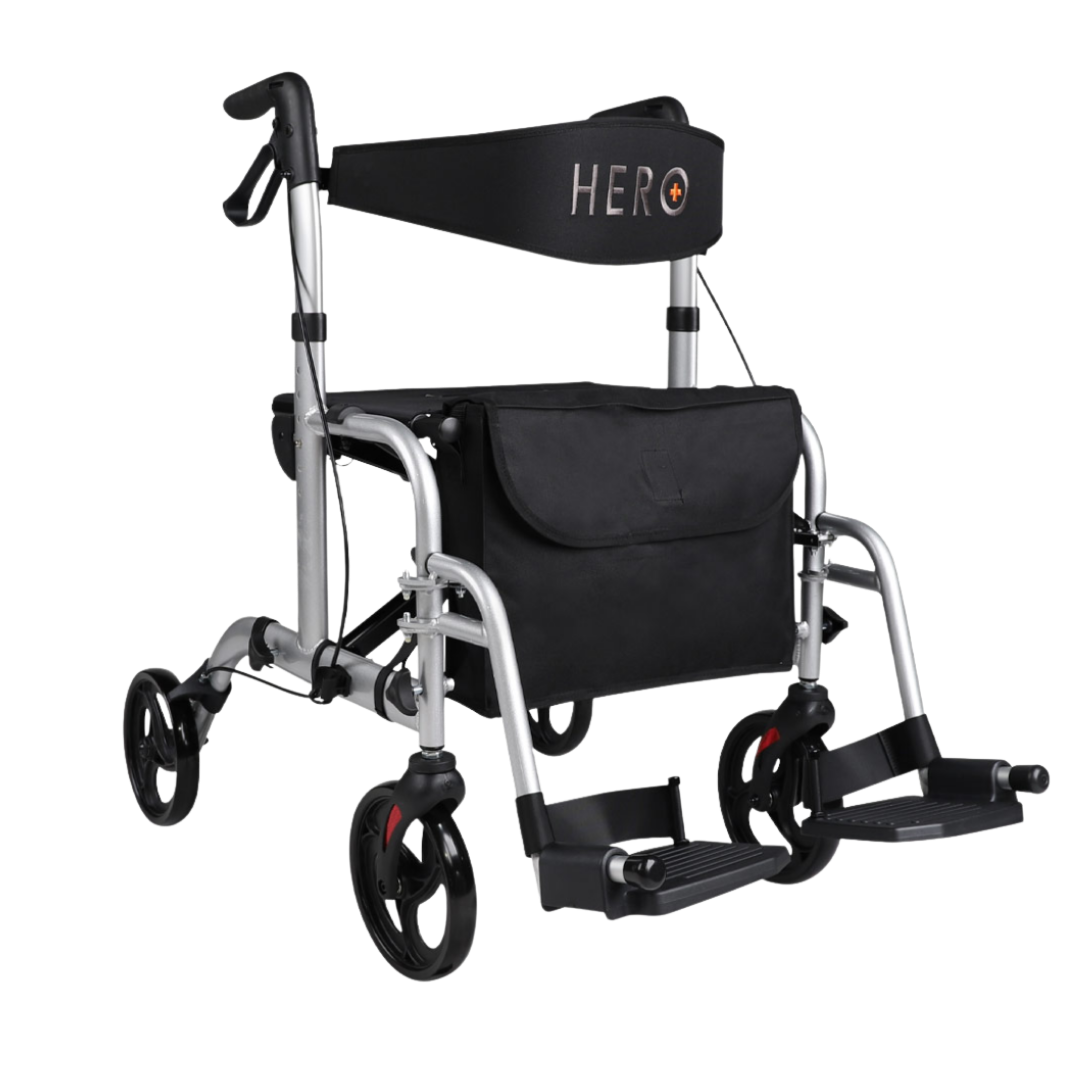 Hero Medical Fusion 2‑in‑1 design, versatile wheelchair and rollator combo, lightweight frame, easy conversion, supports safe mobility and independence.