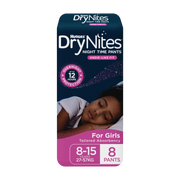Huggies DryNites Pyjama Pants for Girls 8–15 Years, 8 Pack – discreet, absorbent night-time protection with underwear-like fit.