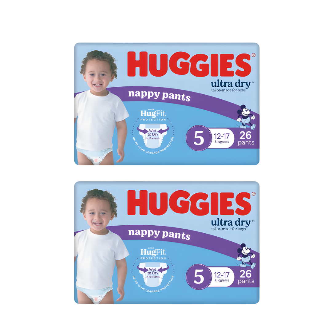 Huggies Nappy Pants Junior Boy soft breathable pull up nappies for active toddlers with leak protection and comfortable stretch fit day night use