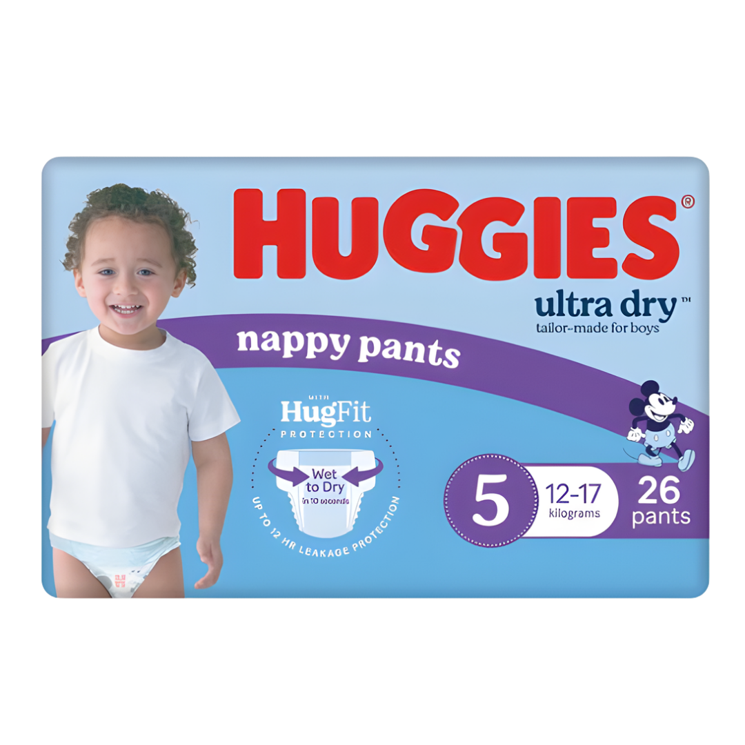 Huggies Nappy Pants Junior Boy soft breathable pull up nappies for active toddlers with leak protection and comfortable stretch fit day night use