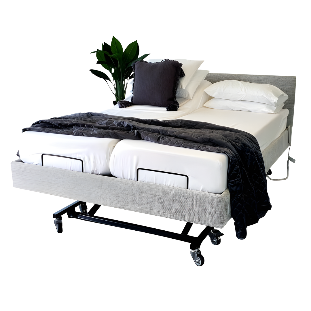 Icare IC333 Homecare Bed shown with adjustable backrest and leg rest, featuring upholstered finish and ultra-low height for safe mobility.